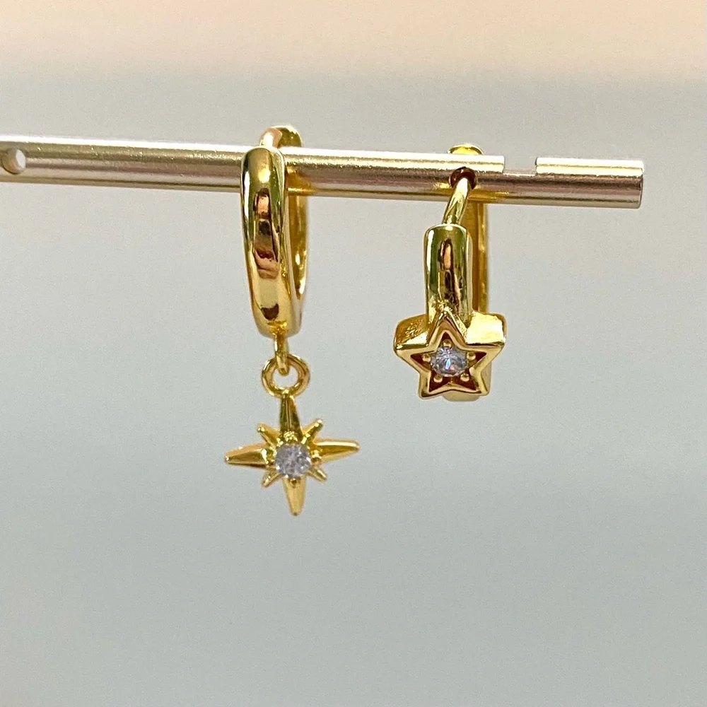 Gold Star & Compass Drop Huggie Earrings - Gold